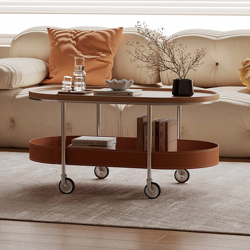 Contemporary Scandinavian Oval Iron Stainless Steel Saddle Leather PVC Panel Movable Coffee Table 2-Tier For Living Room