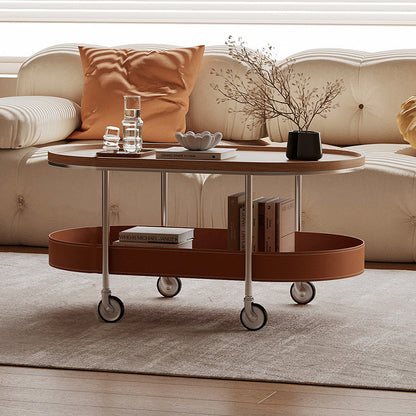 Contemporary Scandinavian Oval Iron Stainless Steel Saddle Leather PVC Panel Movable Coffee Table 2-Tier For Living Room