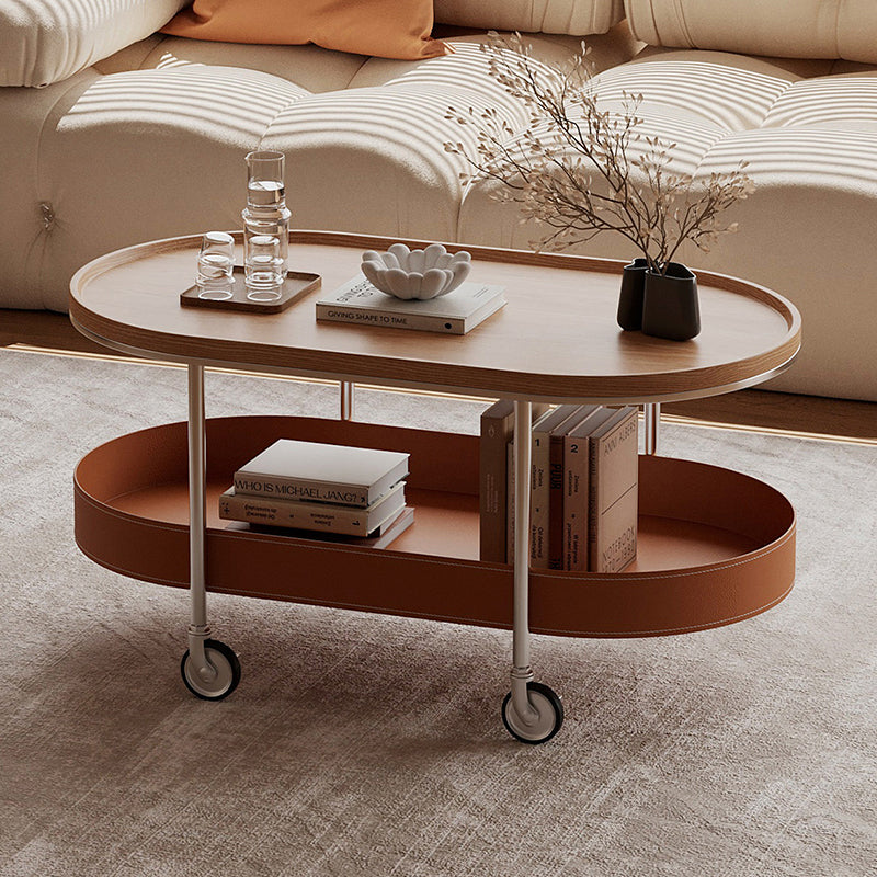 Contemporary Scandinavian Oval Iron Stainless Steel Saddle Leather PVC Panel Movable Coffee Table 2-Tier For Living Room