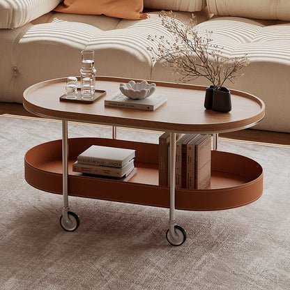 Contemporary Scandinavian Oval Iron Stainless Steel Saddle Leather PVC Panel Movable Coffee Table 2-Tier For Living Room