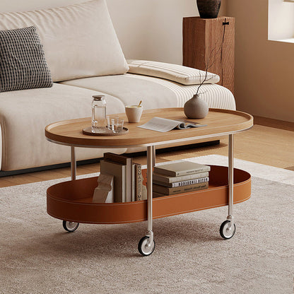 Contemporary Scandinavian Oval Iron Stainless Steel Saddle Leather PVC Panel Movable Coffee Table 2-Tier For Living Room