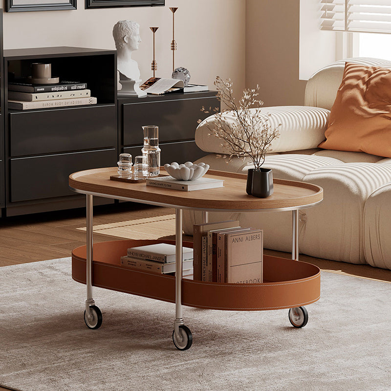 Contemporary Scandinavian Oval Iron Stainless Steel Saddle Leather PVC Panel Movable Coffee Table 2-Tier For Living Room