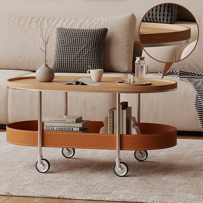 Contemporary Scandinavian Oval Iron Stainless Steel Saddle Leather PVC Panel Movable Coffee Table 2-Tier For Living Room
