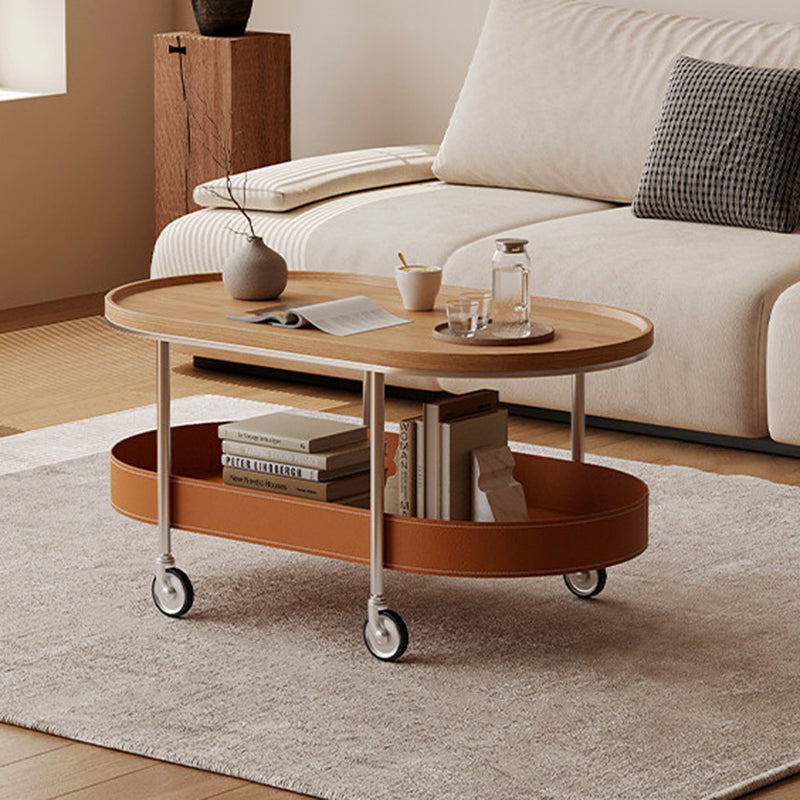 Contemporary Scandinavian Oval Iron Stainless Steel Saddle Leather PVC Panel Movable Coffee Table 2-Tier For Living Room