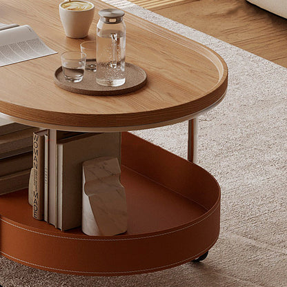 Contemporary Scandinavian Oval Iron Stainless Steel Saddle Leather PVC Panel Movable Coffee Table 2-Tier For Living Room