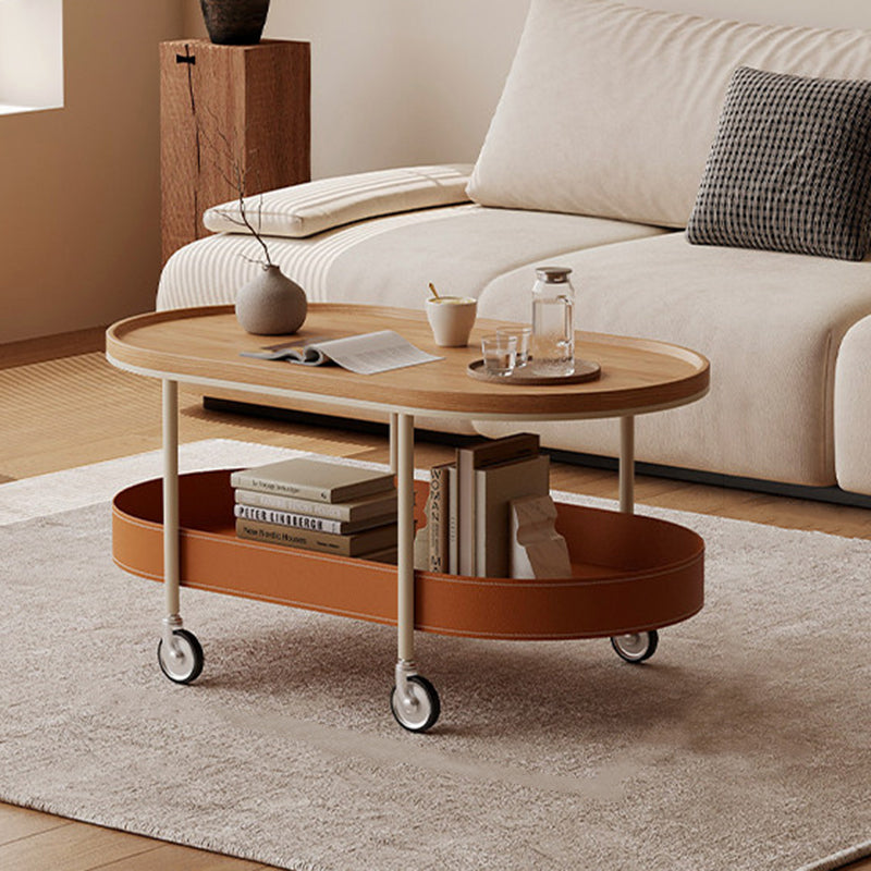 Contemporary Scandinavian Oval Iron Stainless Steel Saddle Leather PVC Panel Movable Coffee Table 2-Tier For Living Room