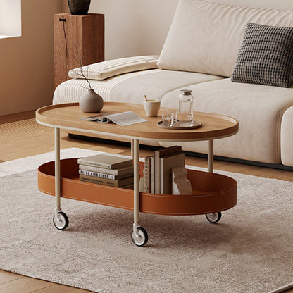 Contemporary Scandinavian Oval Iron Stainless Steel Saddle Leather PVC Panel Movable Coffee Table 2-Tier For Living Room