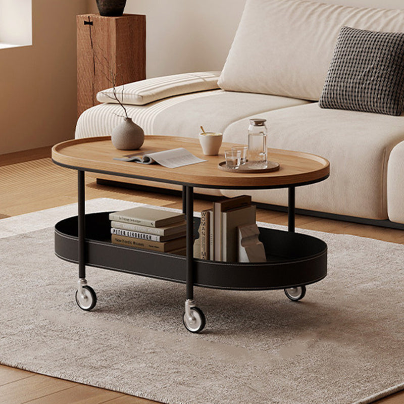Contemporary Scandinavian Oval Iron Stainless Steel Saddle Leather PVC Panel Movable Coffee Table 2-Tier For Living Room