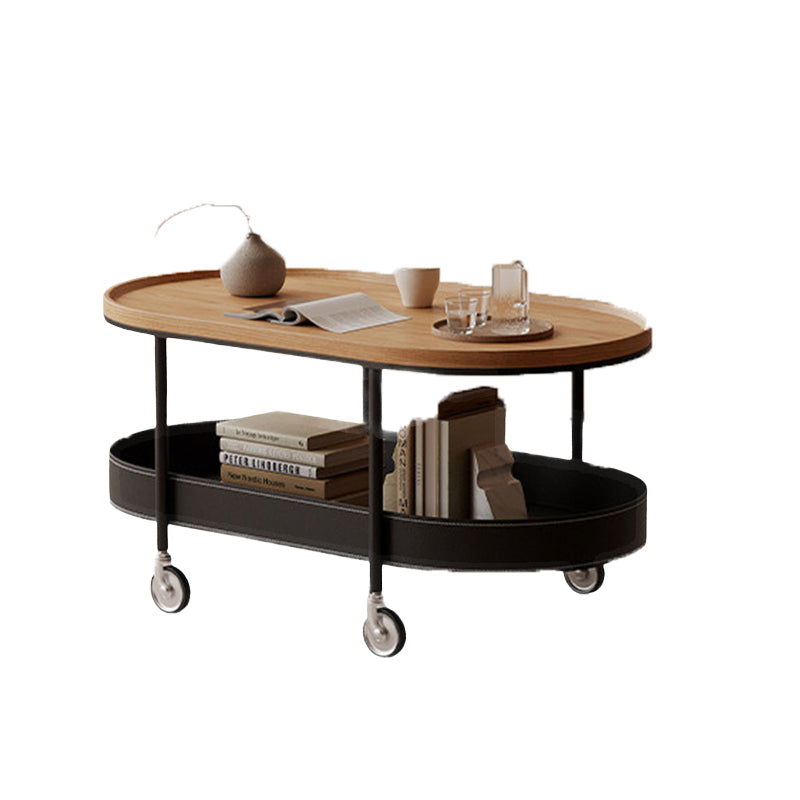 Contemporary Scandinavian Oval Iron Stainless Steel Saddle Leather PVC Panel Movable Coffee Table 2-Tier For Living Room