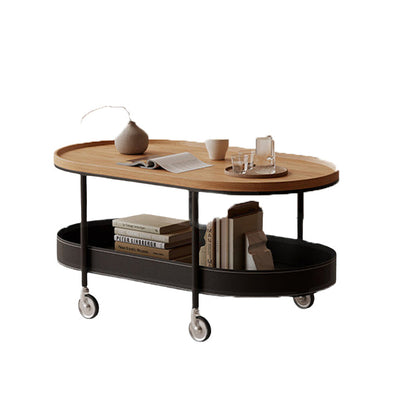 Contemporary Scandinavian Oval Iron Stainless Steel Saddle Leather PVC Panel Movable Coffee Table 2-Tier For Living Room