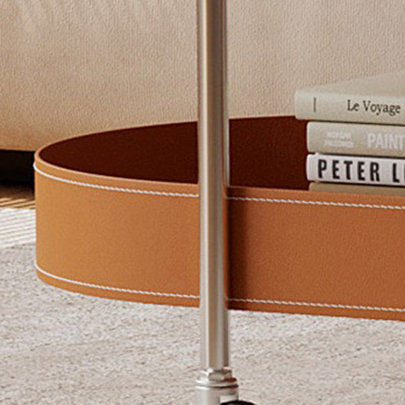 Contemporary Scandinavian Oval Iron Stainless Steel Saddle Leather PVC Panel Movable Coffee Table 2-Tier For Living Room