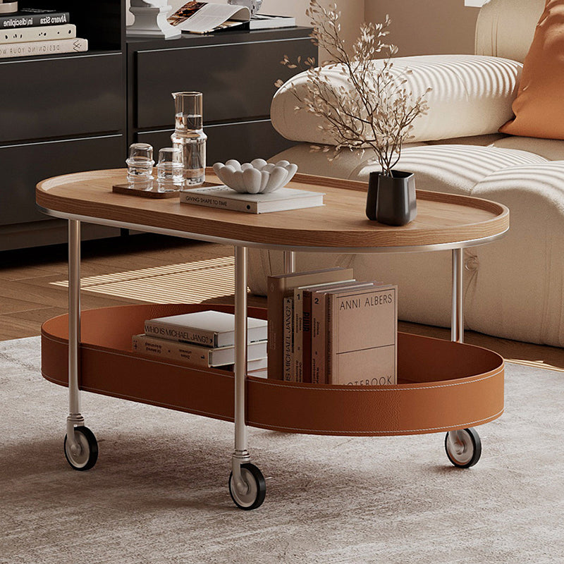 Contemporary Scandinavian Oval Iron Stainless Steel Saddle Leather PVC Panel Movable Coffee Table 2-Tier For Living Room