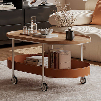 Contemporary Scandinavian Oval Iron Stainless Steel Saddle Leather PVC Panel Movable Coffee Table 2-Tier For Living Room