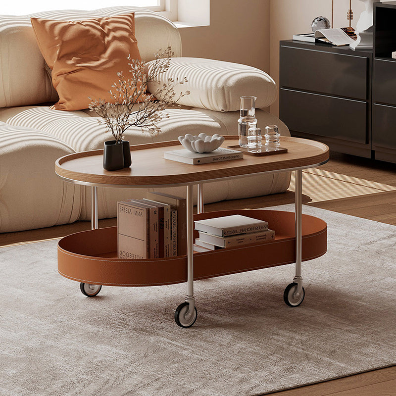 Contemporary Scandinavian Oval Iron Stainless Steel Saddle Leather PVC Panel Movable Coffee Table 2-Tier For Living Room