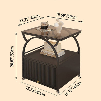 Modern Minimalist Rectangular Carbon Steel Tempered Glass Rock Slab Movable End Table 1-Cabinet For Living Room & Bedroom