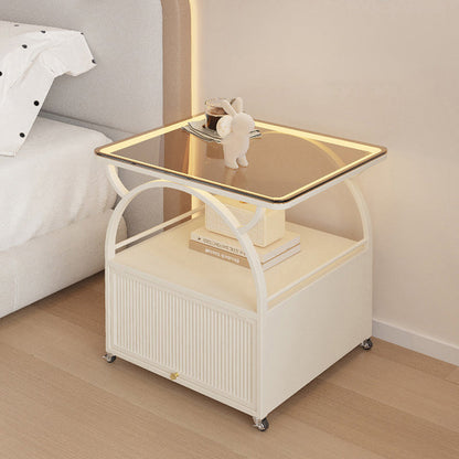 Modern Minimalist Rectangular Carbon Steel Tempered Glass Rock Slab Movable End Table 1-Cabinet For Living Room & Bedroom