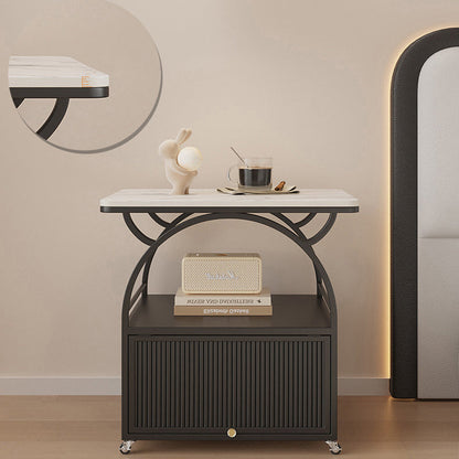 Modern Minimalist Rectangular Carbon Steel Tempered Glass Rock Slab Movable End Table 1-Cabinet For Living Room & Bedroom