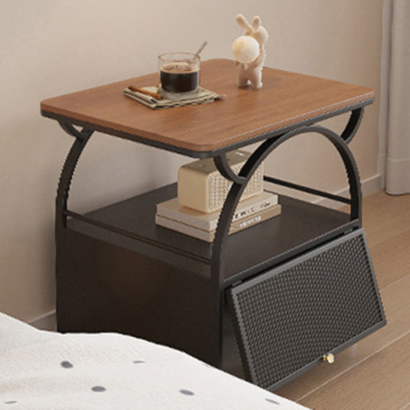 Modern Minimalist Rectangular Carbon Steel Tempered Glass Rock Slab Movable End Table 1-Cabinet For Living Room & Bedroom