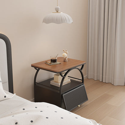 Modern Minimalist Rectangular Carbon Steel Tempered Glass Rock Slab Movable End Table 1-Cabinet For Living Room & Bedroom