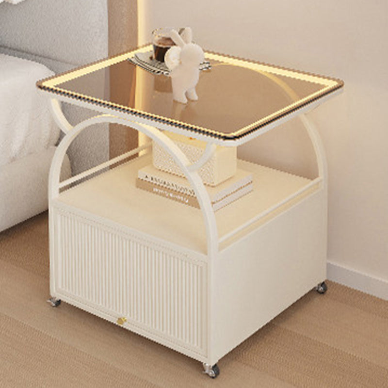 Modern Minimalist Rectangular Carbon Steel Tempered Glass Rock Slab Movable End Table 1-Cabinet For Living Room & Bedroom