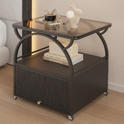 Modern Minimalist Rectangular Carbon Steel Tempered Glass Rock Slab Movable End Table 1-Cabinet For Living Room & Bedroom