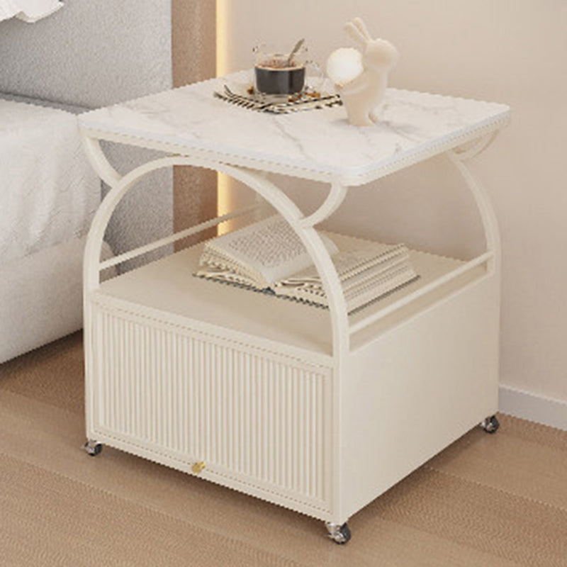 Modern Minimalist Rectangular Carbon Steel Tempered Glass Rock Slab Movable End Table 1-Cabinet For Living Room & Bedroom