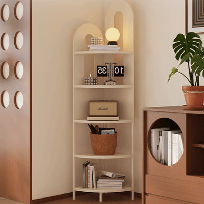 Traditional French Arched Fan-Shaped Iron Floor-Standing Corner Storage Shelf 5-Tier For Living Room