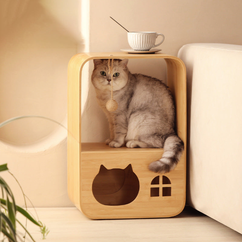 Modern Minimalist Rectangular Bamboo Multi-Functional Cat Bed 1-Hole For Living Room