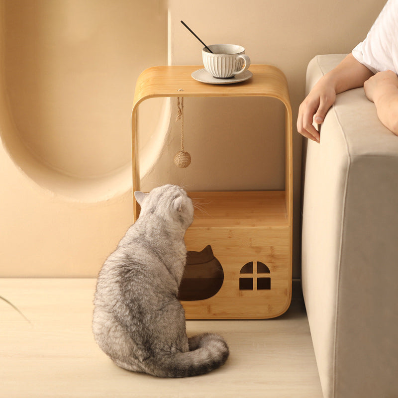 Modern Minimalist Rectangular Bamboo Multi-Functional Cat Bed 1-Hole For Living Room