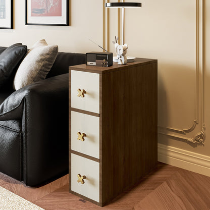 Contemporary Retro Narrow Rectangular Solid Pine Wood Microfiber Leather Side Storage Cabinet 3-Drawer For Living Room