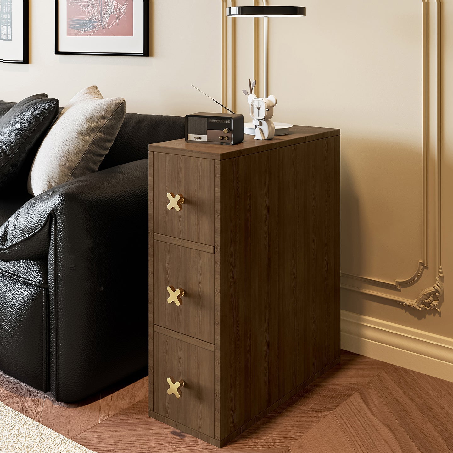 Contemporary Retro Narrow Rectangular Solid Pine Wood Microfiber Leather Side Storage Cabinet 3-Drawer For Living Room