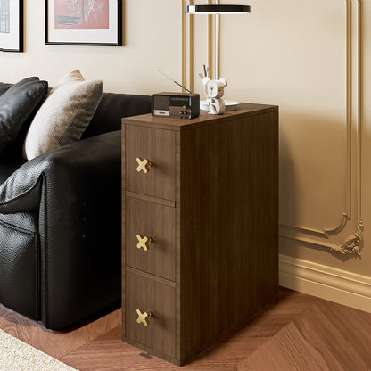 Contemporary Retro Narrow Rectangular Solid Pine Wood Microfiber Leather Side Storage Cabinet 3-Drawer For Living Room