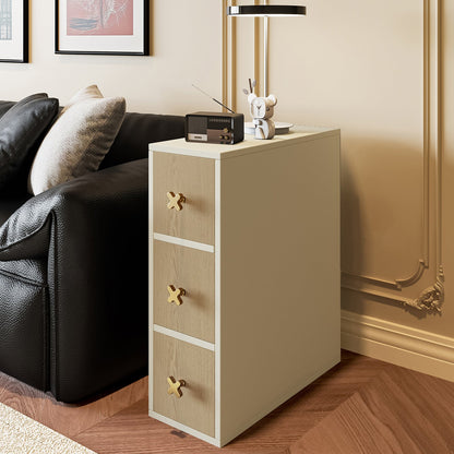 Contemporary Retro Narrow Rectangular Solid Pine Wood Microfiber Leather Side Storage Cabinet 3-Drawer For Living Room