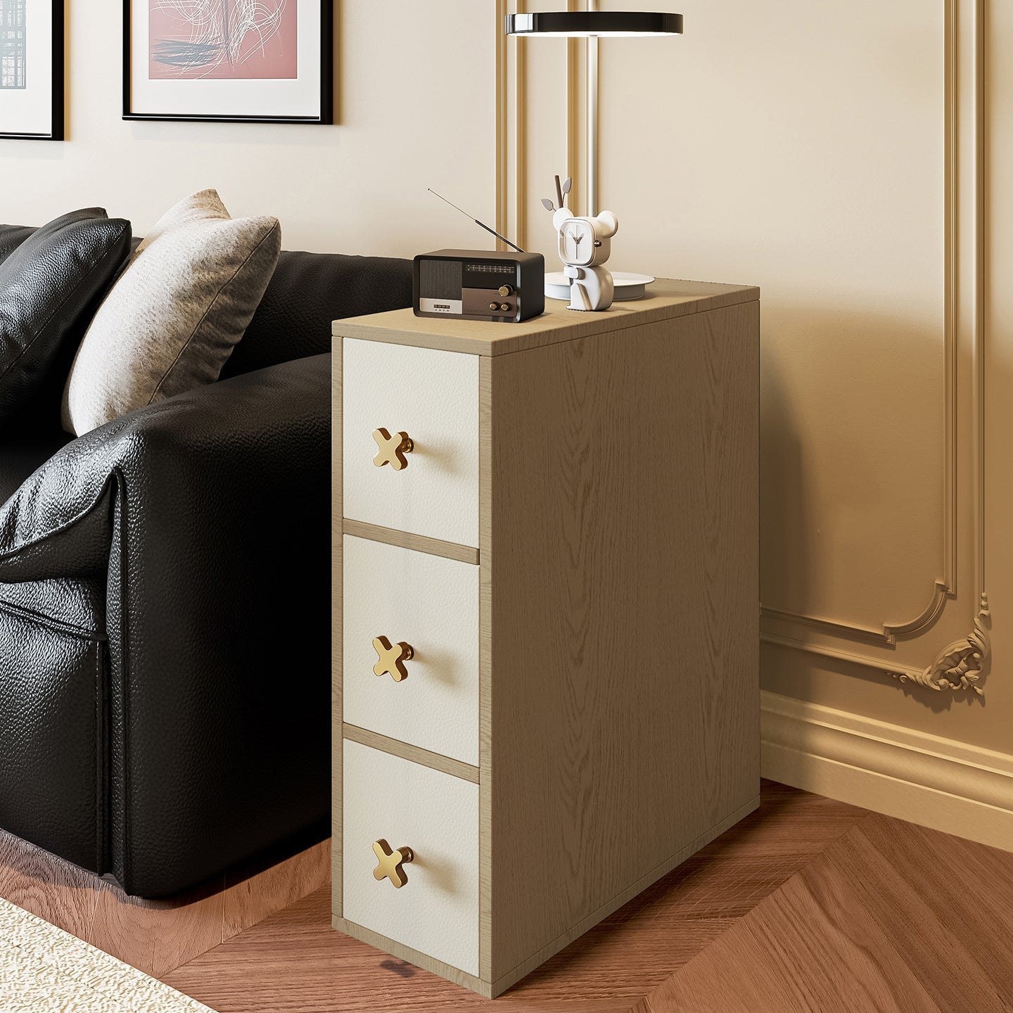 Contemporary Retro Narrow Rectangular Solid Pine Wood Microfiber Leather Side Storage Cabinet 3-Drawer For Living Room