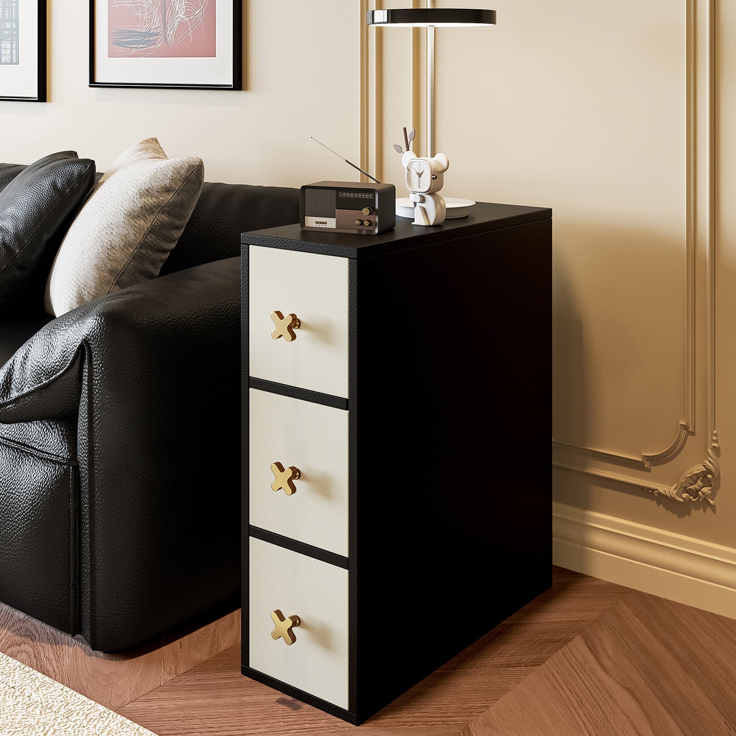 Contemporary Retro Narrow Rectangular Solid Pine Wood Microfiber Leather Side Storage Cabinet 3-Drawer For Living Room