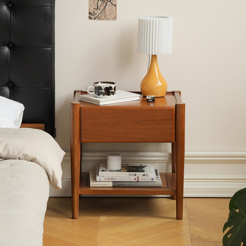 Modern Mid-Century Cherry Wood Paulownia Wood Metal Rectangular Nightstand 1-Drawer For Bedroom