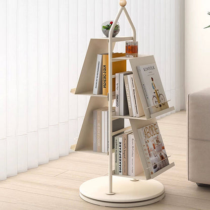 Contemporary Industrial Floor Tree Shape Carbon Steel Rotatable Space-Saving Bookshelf 4-Tier Storage For Living Room & Study