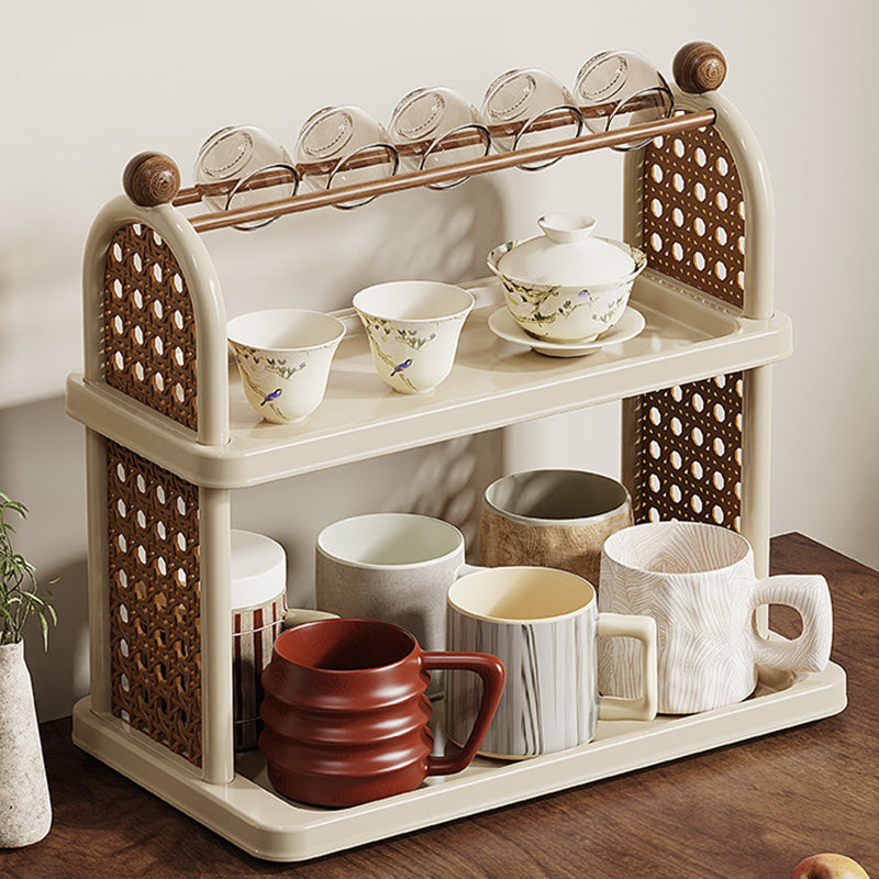 Modern Art Deco Arched Rectangular PP Plastic Wood Dismountable Cup Storage Shelf 2-Tier For Living Room