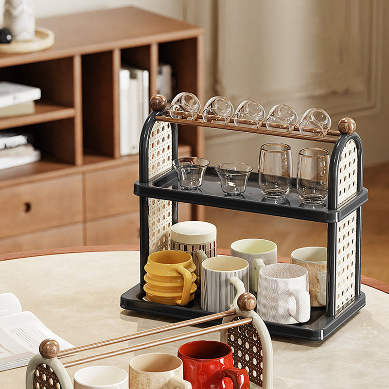 Modern Art Deco Arched Rectangular PP Plastic Wood Dismountable Cup Storage Shelf 2-Tier For Living Room