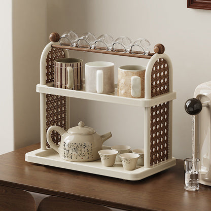 Modern Art Deco Arched Rectangular PP Plastic Wood Dismountable Cup Storage Shelf 2-Tier For Living Room