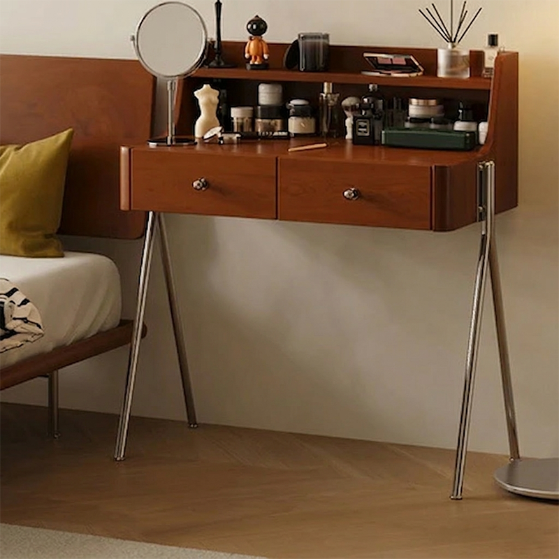 Traditional Vintage Trapezoidal Rubberwood Solid Wood Plywood Carbon Steel Makeup Vanity 2-Drawer For Bedroom