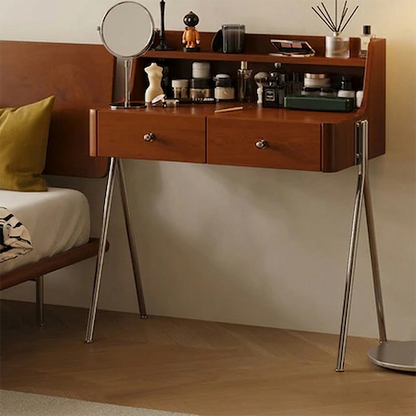 Traditional Vintage Trapezoidal Rubberwood Solid Wood Plywood Carbon Steel Makeup Vanity 2-Drawer For Bedroom