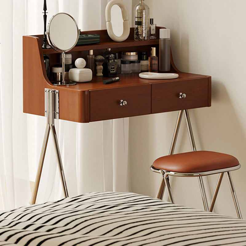 Traditional Vintage Trapezoidal Rubberwood Solid Wood Plywood Carbon Steel Makeup Vanity 2-Drawer For Bedroom
