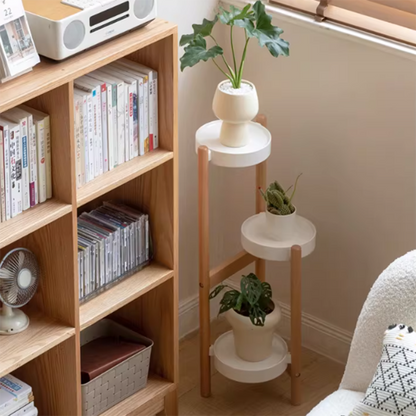 Modern Minimalist Cylindrical Beech Wood Iron Outdoor Waterproof Flower Display Rack 3-Tray For Garden
