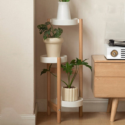 Modern Minimalist Cylindrical Beech Wood Iron Outdoor Waterproof Flower Display Rack 3-Tray For Garden