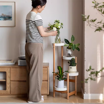 Modern Minimalist Cylindrical Beech Wood Iron Outdoor Waterproof Flower Display Rack 3-Tray For Garden