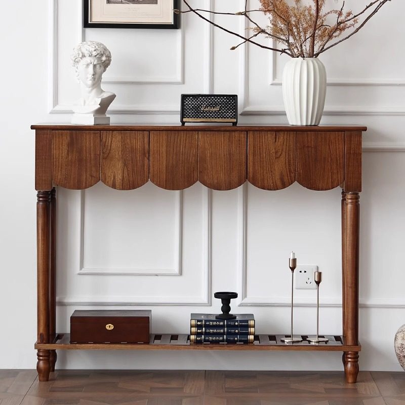 Modern Mid-Century Wavy-Edge Rectangular Solid Wood Console Table 2/3-Drawer For Entryway & Hallway