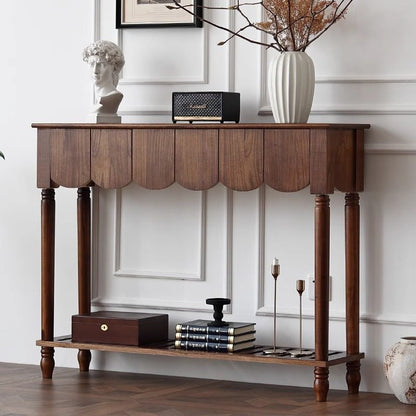 Modern Mid-Century Wavy-Edge Rectangular Solid Wood Console Table 2/3-Drawer For Entryway & Hallway