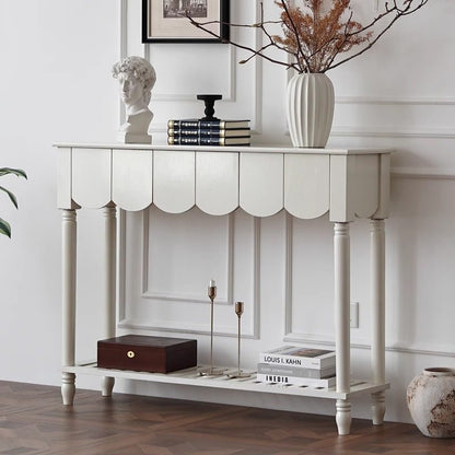 Modern Mid-Century Wavy-Edge Rectangular Solid Wood Console Table 2/3-Drawer For Entryway & Hallway