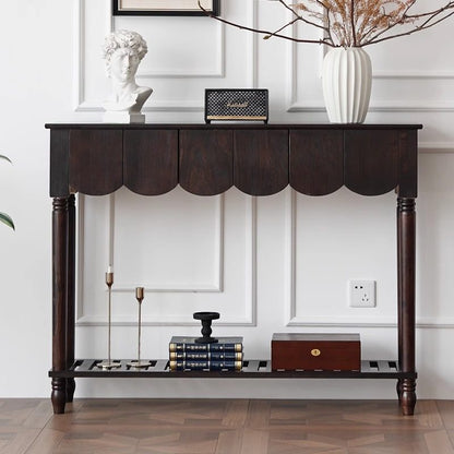 Modern Mid-Century Wavy-Edge Rectangular Solid Wood Console Table 2/3-Drawer For Entryway & Hallway